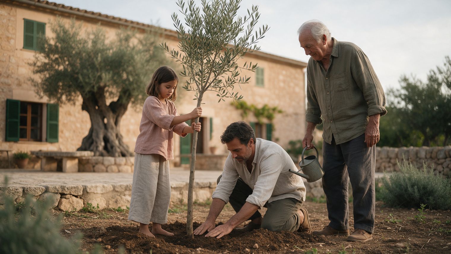 Three generations planting an olive tree in front of a house in Mallorca