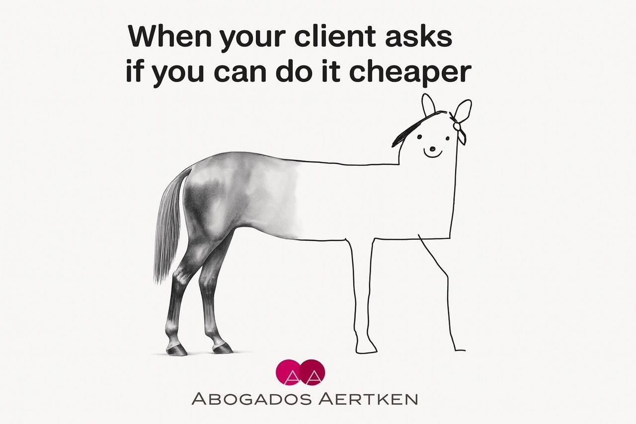 Zeichnung eines Pferdes: hinten sorgfältig ausgearbeitet, vorne nur mit wenigen Strichen skizziert. Darüber auf Englisch: «When your client asks if you can do it cheaper».