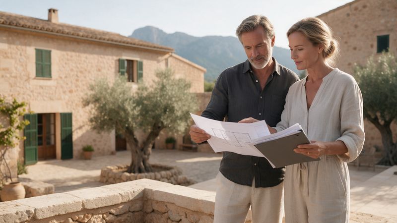 Paar mit Bauplänen vor einer Finca auf Mallorca